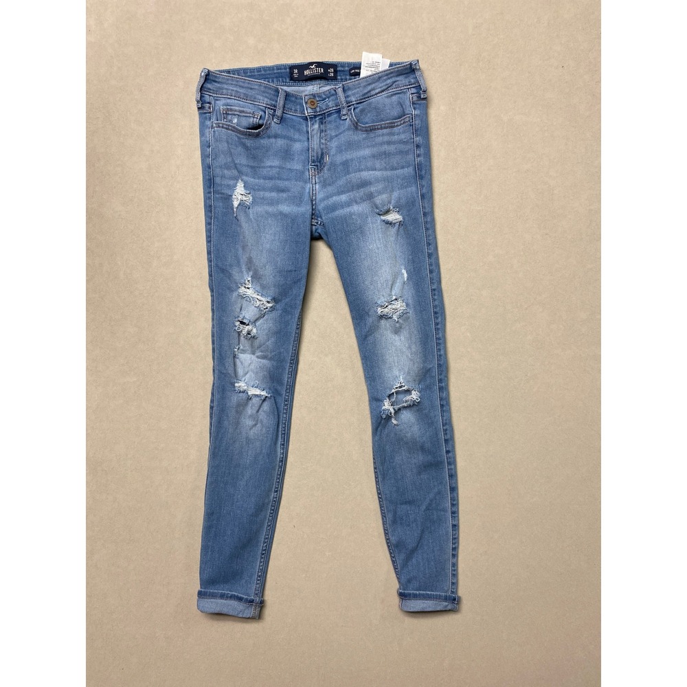 Hollister Low Rise Super Skinny Crop Distressed Jeans Medium Wash Blue 3R W26